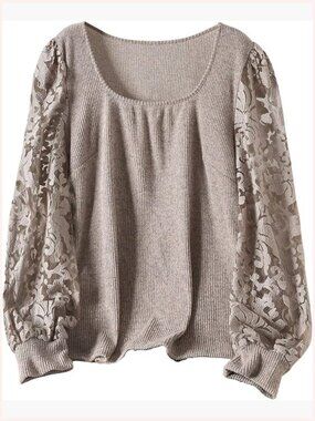 Plus Size Floral Mesh Long Sleeve Blouse Square Neck Lace Shirt Dressy Top